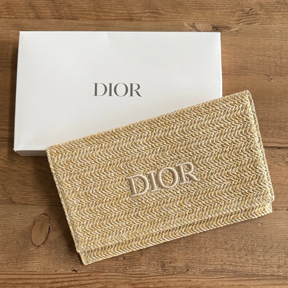 Dior Natural Straw Woven Clutch with Embroidered Logo - Picture 1 of 3